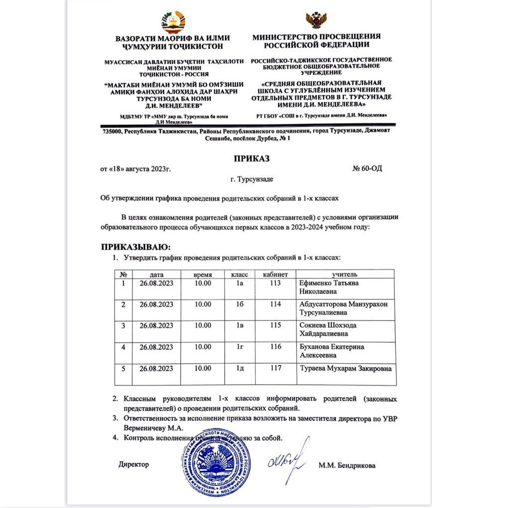 Приказ о проведении родительского собрания в школе образец